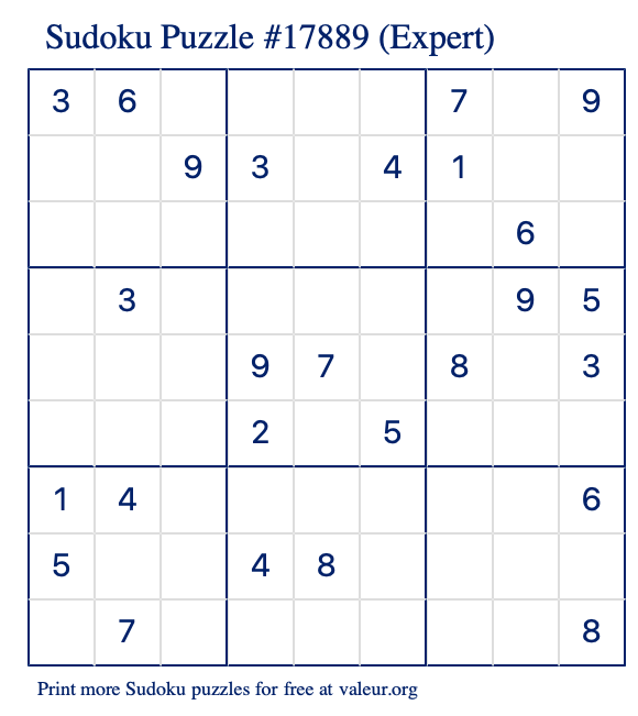 Free Printable Expert Sudoku Puzzle number 17889