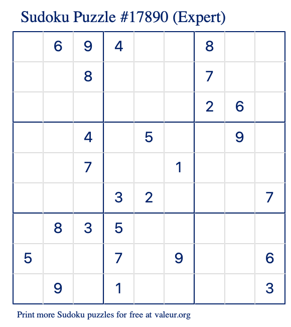 Free Printable Expert Sudoku Puzzle number 17890