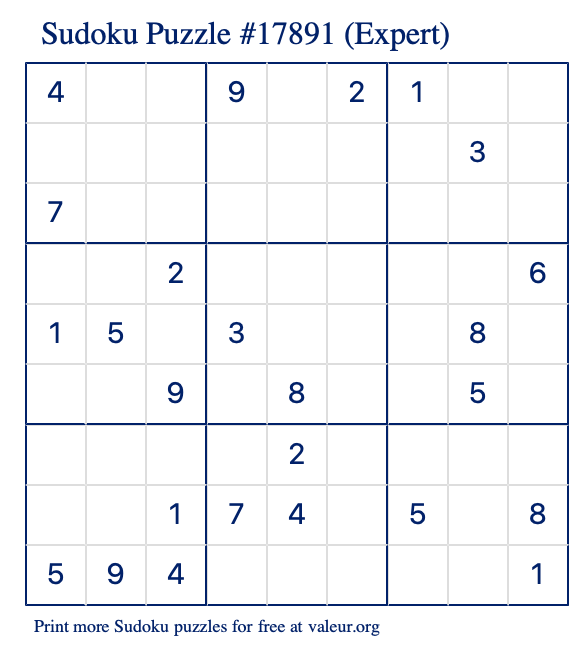 Free Printable Expert Sudoku Puzzle number 17891