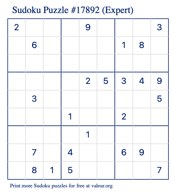 Free Printable Expert Sudoku Puzzle number 17892