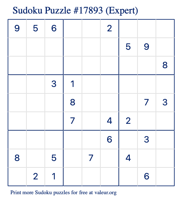 Free Printable Expert Sudoku Puzzle number 17893