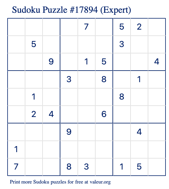 Free Printable Expert Sudoku Puzzle number 17894