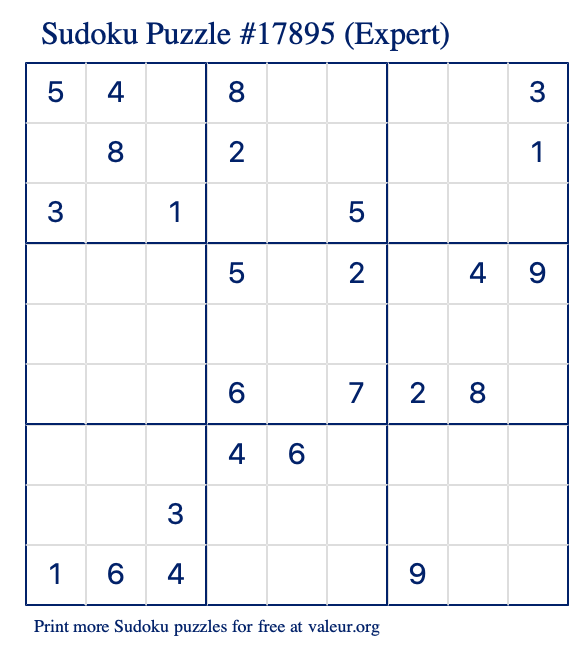 Free Printable Expert Sudoku Puzzle number 17895