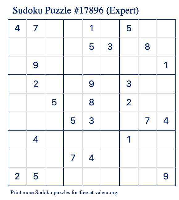 Free Printable Expert Sudoku Puzzle number 17896