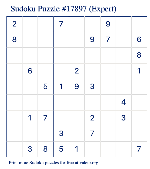 Free Printable Expert Sudoku Puzzle number 17897