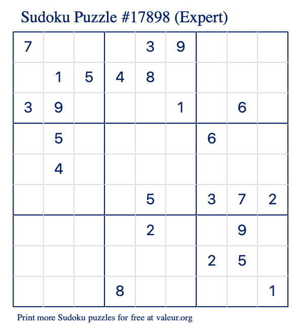 Free Printable Expert Sudoku Puzzle number 17898