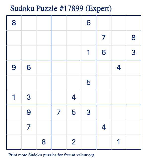 Free Printable Expert Sudoku Puzzle number 17899