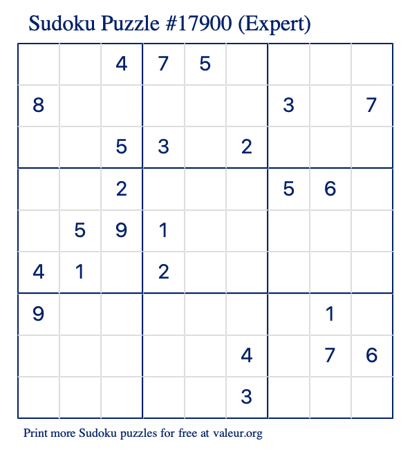 Free Printable Expert Sudoku Puzzle number 17900