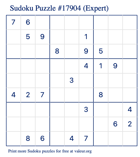 Free Printable Expert Sudoku Puzzle number 17904