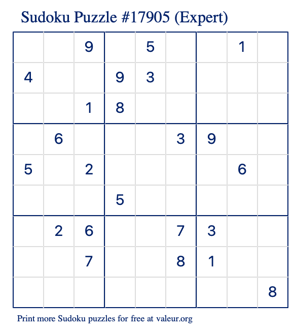 Free Printable Expert Sudoku Puzzle number 17905