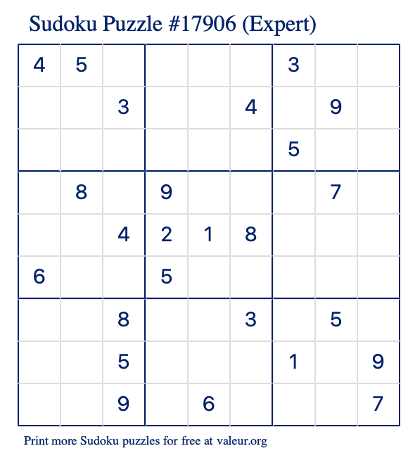 Free Printable Expert Sudoku Puzzle number 17906