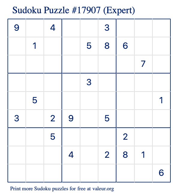 Free Printable Expert Sudoku Puzzle number 17907