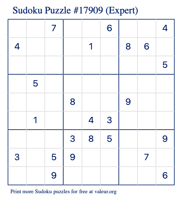 Free Printable Expert Sudoku Puzzle number 17909