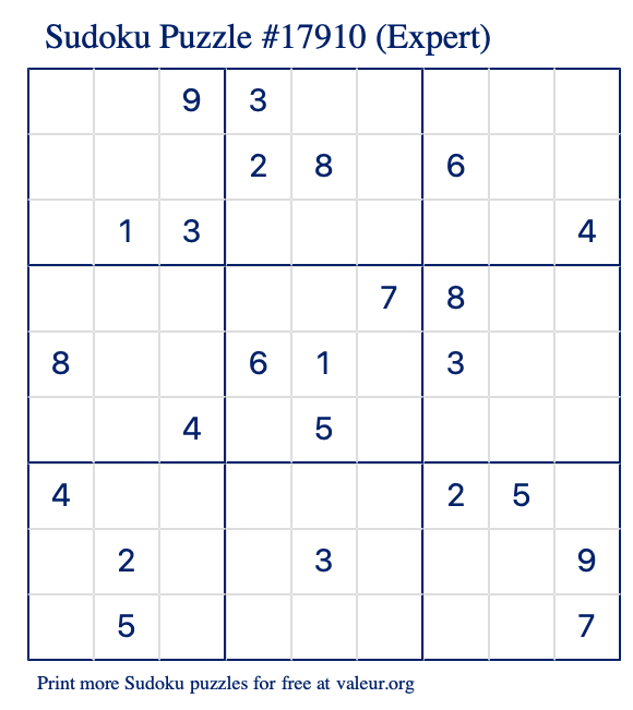 Free Printable Expert Sudoku Puzzle number 17910