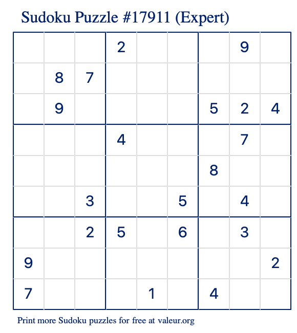 Free Printable Expert Sudoku Puzzle number 17911