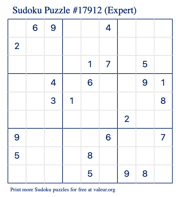 Free Printable Expert Sudoku Puzzle number 17912