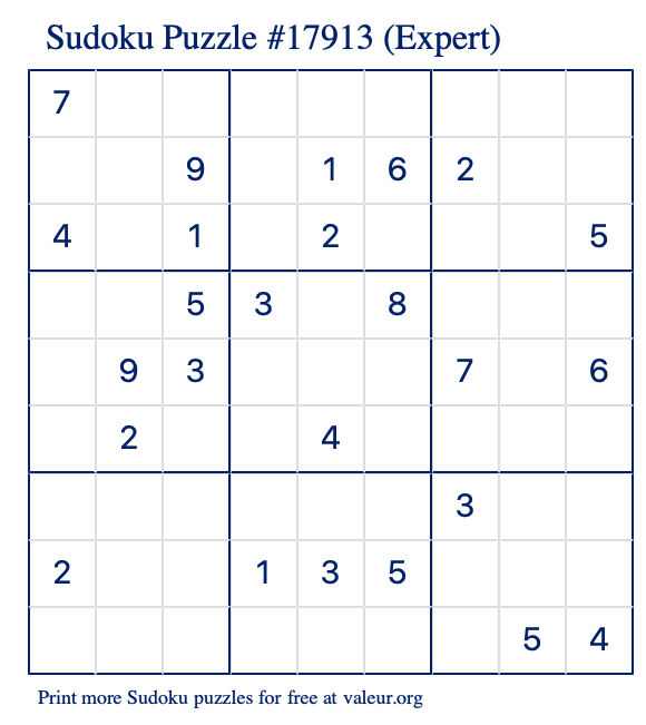 Free Printable Expert Sudoku Puzzle number 17913