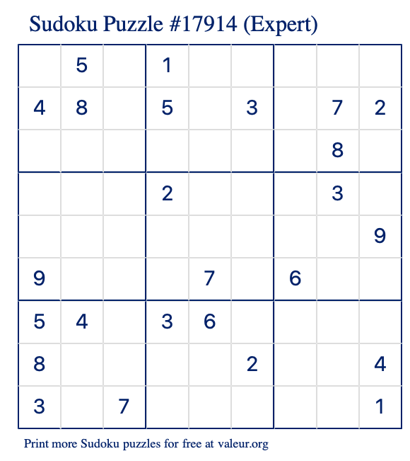 Free Printable Expert Sudoku Puzzle number 17914