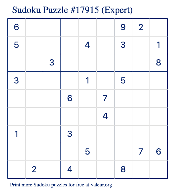 Free Printable Expert Sudoku Puzzle number 17915