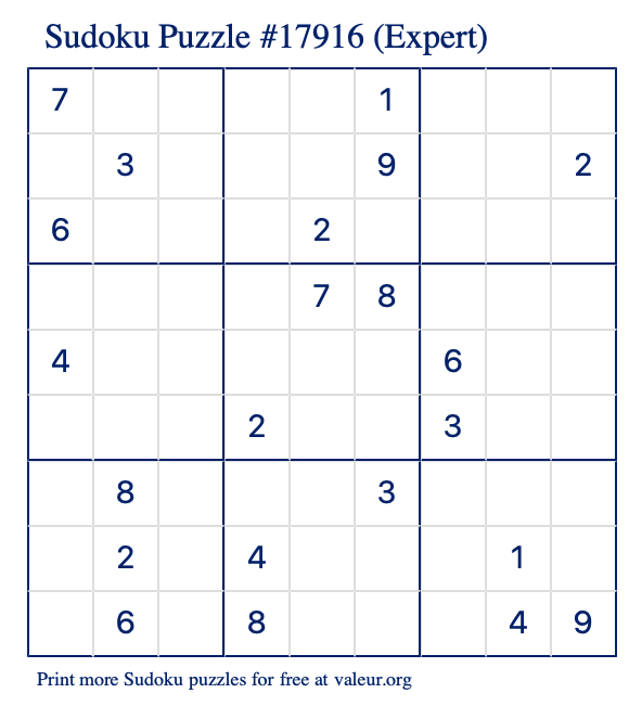 Free Printable Expert Sudoku Puzzle number 17916