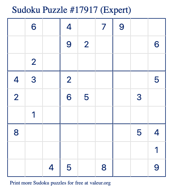 Free Printable Expert Sudoku Puzzle number 17917