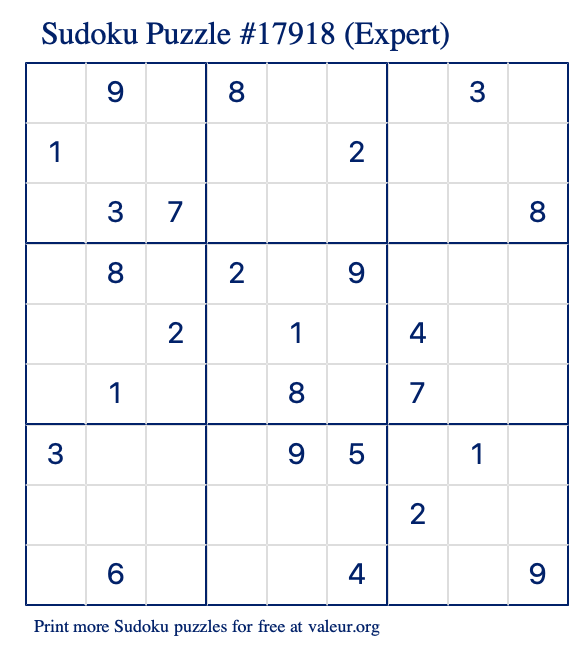 Free Printable Expert Sudoku Puzzle number 17918