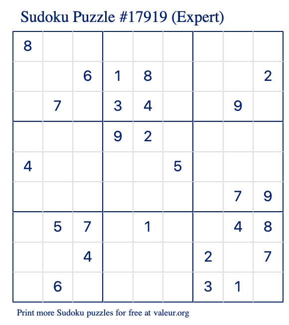 Free Printable Expert Sudoku Puzzle number 17919