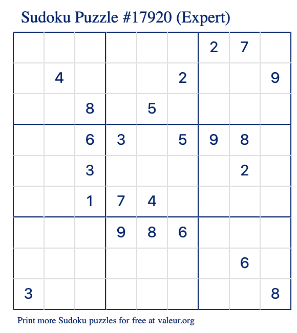 Free Printable Expert Sudoku Puzzle number 17920