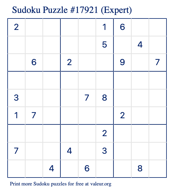 Free Printable Expert Sudoku Puzzle number 17921