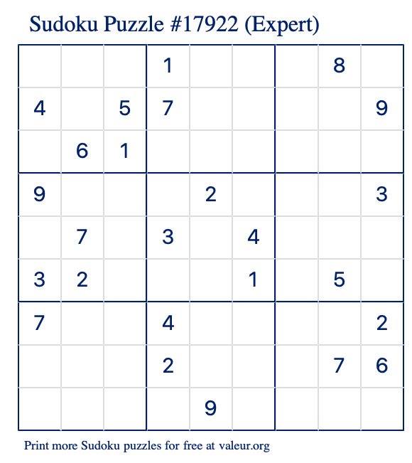 Free Printable Expert Sudoku Puzzle number 17922