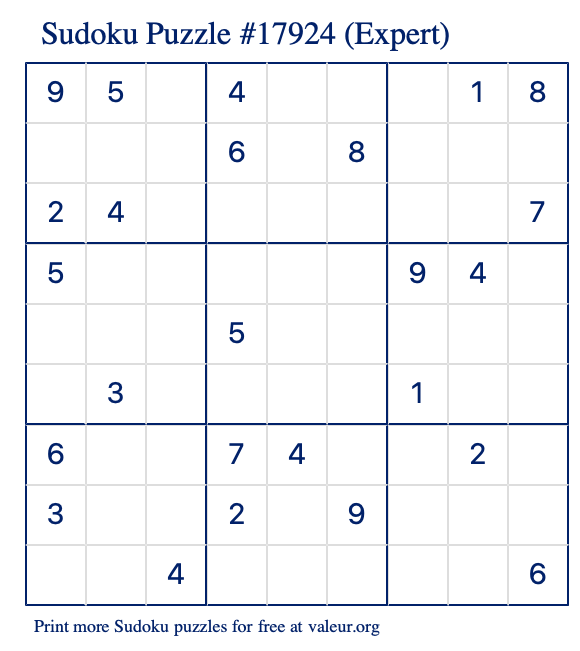 Free Printable Expert Sudoku Puzzle number 17924