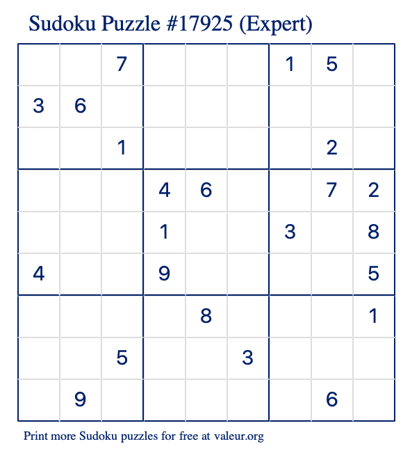 Free Printable Expert Sudoku Puzzle number 17925