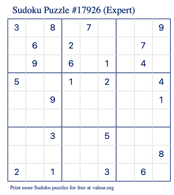 Free Printable Expert Sudoku Puzzle number 17926