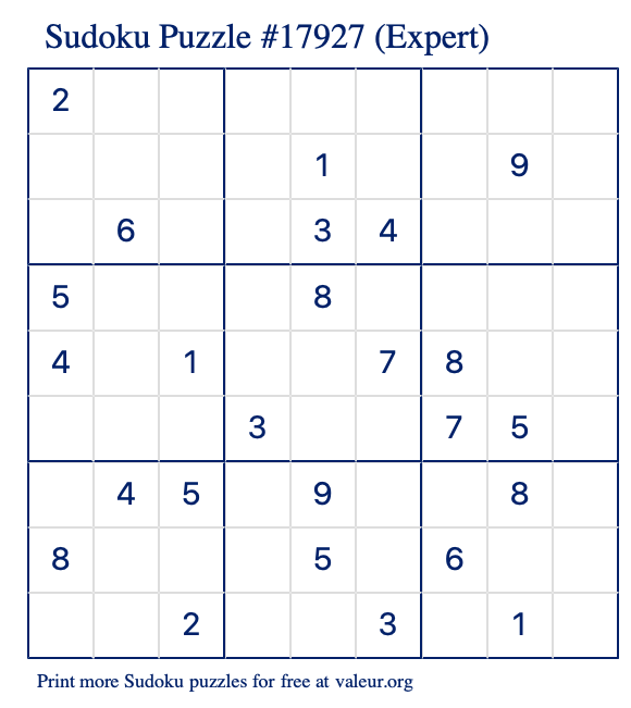 Free Printable Expert Sudoku Puzzle number 17927