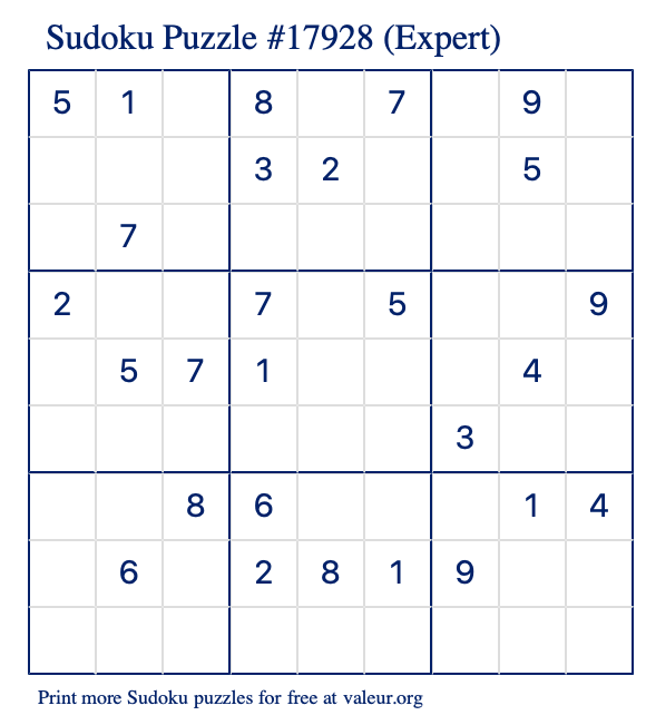 Free Printable Expert Sudoku Puzzle number 17928