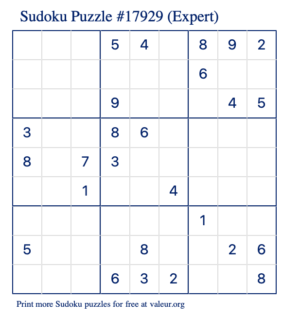 Free Printable Expert Sudoku Puzzle number 17929