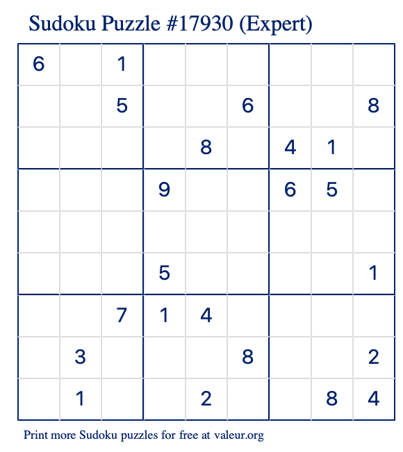 Free Printable Expert Sudoku Puzzle number 17930