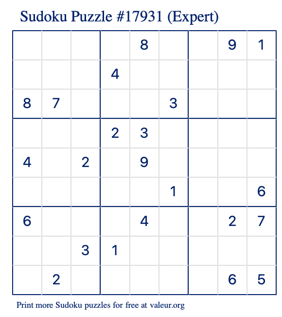 Free Printable Expert Sudoku Puzzle number 17931