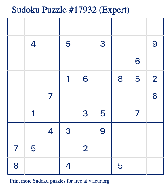 Free Printable Expert Sudoku Puzzle number 17932