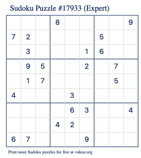 Free Printable Expert Sudoku Puzzle number 17933