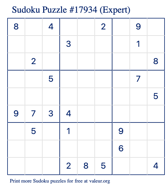 Free Printable Expert Sudoku Puzzle number 17934