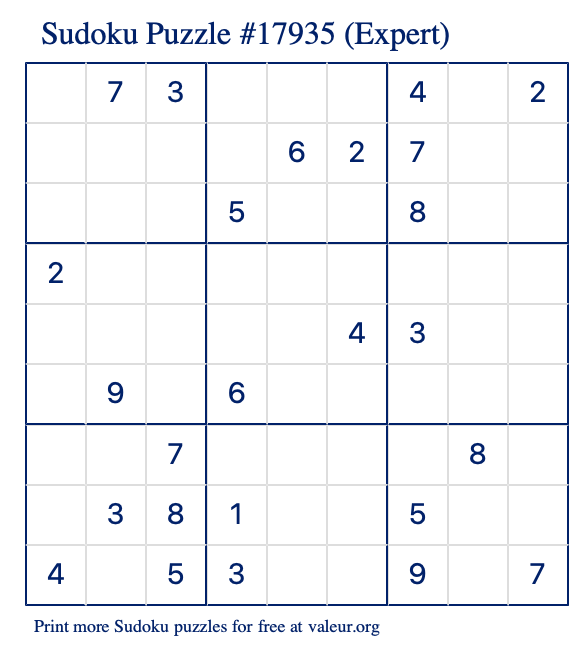 Free Printable Expert Sudoku Puzzle number 17935