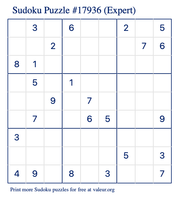 Free Printable Expert Sudoku Puzzle number 17936