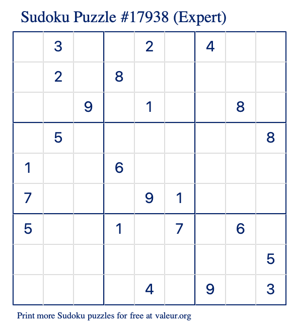 Free Printable Expert Sudoku Puzzle number 17938