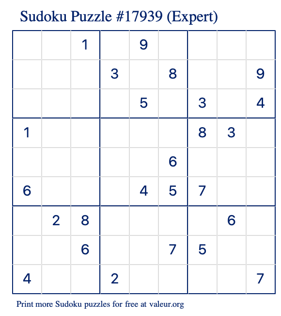 Free Printable Expert Sudoku Puzzle number 17939