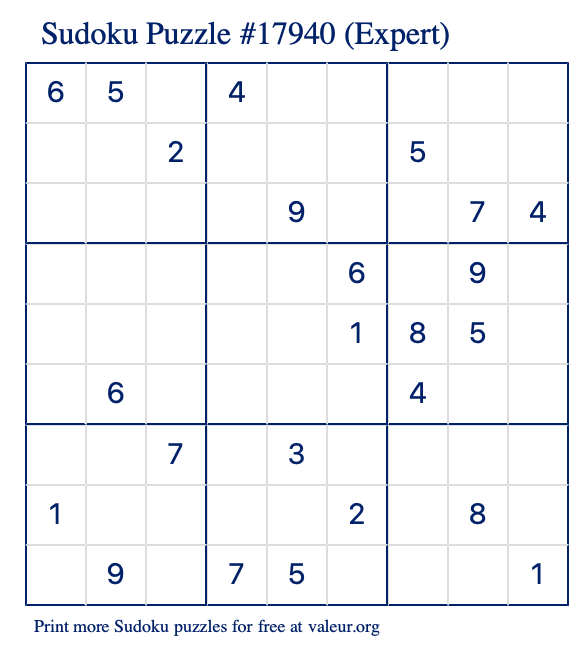 Free Printable Expert Sudoku Puzzle number 17940