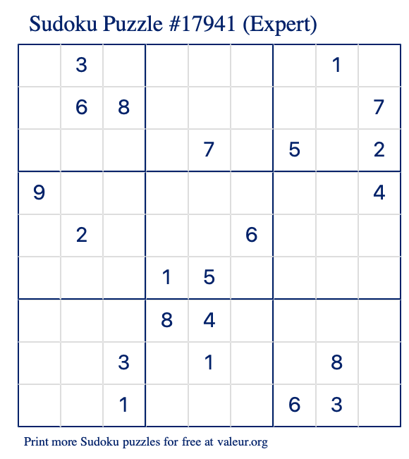 Free Printable Expert Sudoku Puzzle number 17941