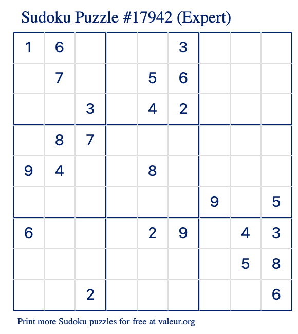 Free Printable Expert Sudoku Puzzle number 17942