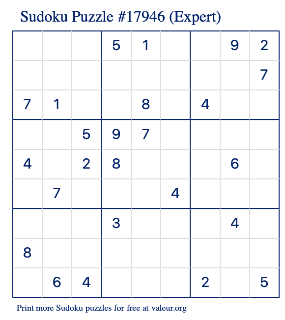 Free Printable Expert Sudoku Puzzle number 17946