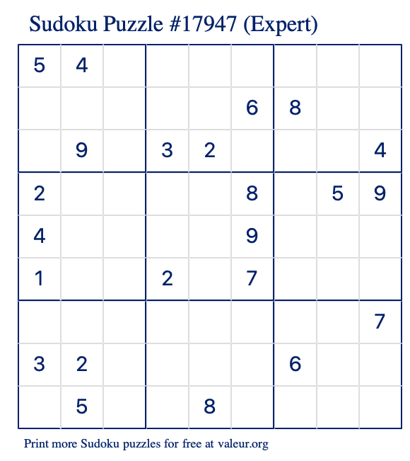 Free Printable Expert Sudoku Puzzle number 17947